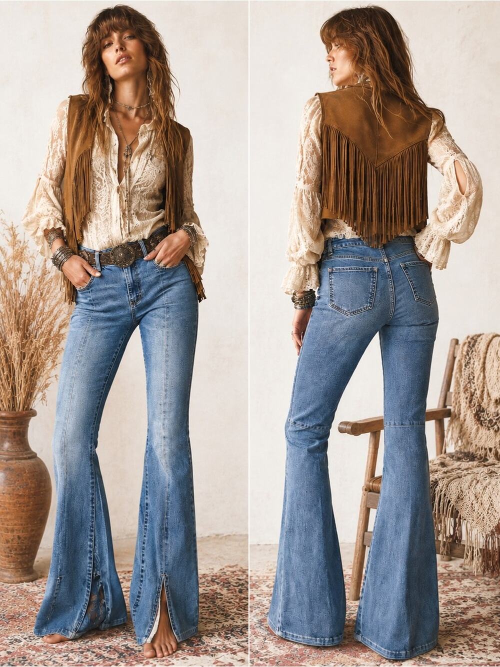 Versona Mid-Rise 70’s Western Blue Denim Flared Jeans with Front Slits Size 8L